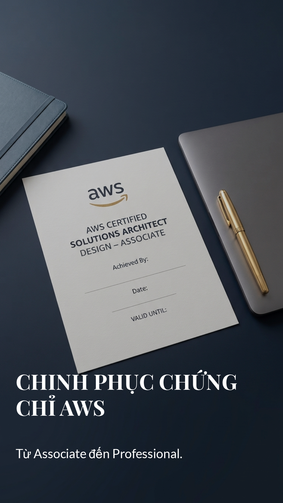 Hình ảnh minh họa lộ trình học tập và đạt chứng chỉ AWS với biểu tượng đám mây và sự quyết tâm